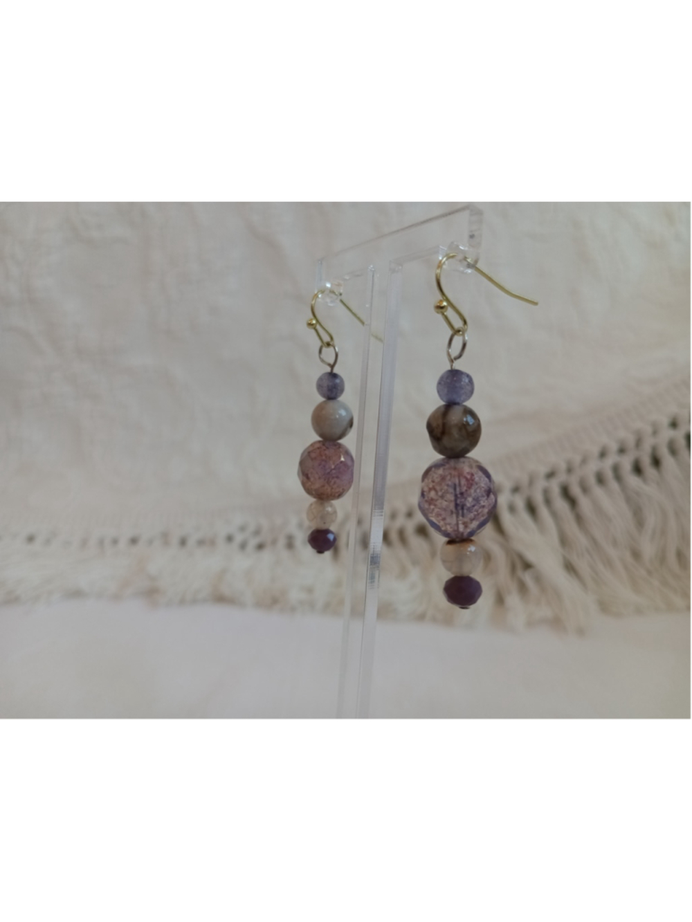 Hand Crafted purple crystal Beaded Dangle Earrings colorful sparkly boho drop - Picture 3 of 5